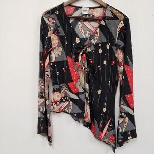 Giorgio Fiorline Womens Y2K Asymmetric Asian Print Top Size XL Fairy Grunge